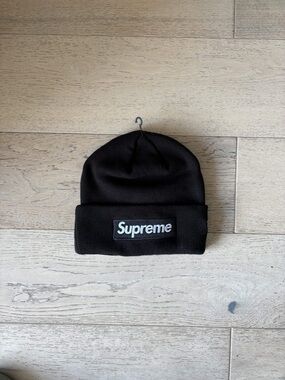 Supreme Black Beanie with White Box Logo